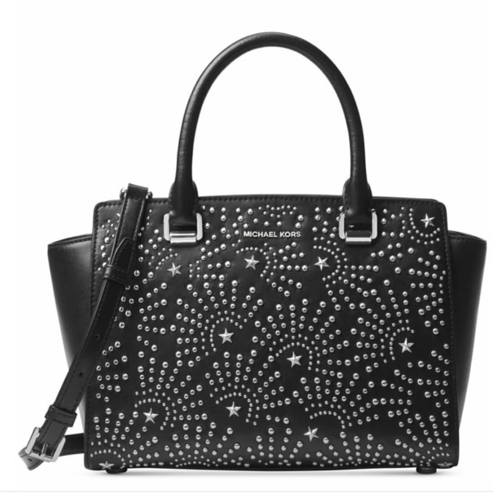 New Micheal Kors Leather Black Silver Satchel $398